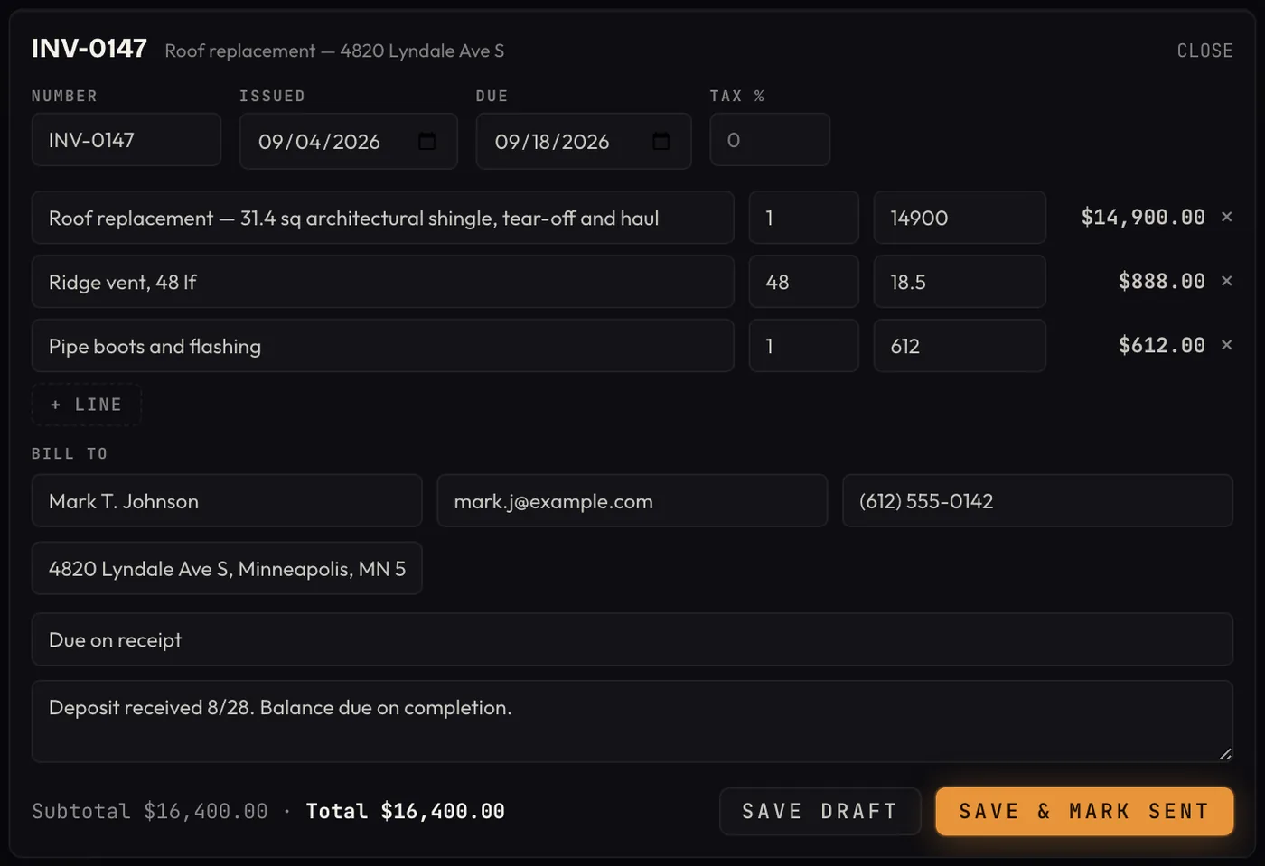 The invoice editor open on a job: the number, the lines, who is billed, the total, and where it sends from