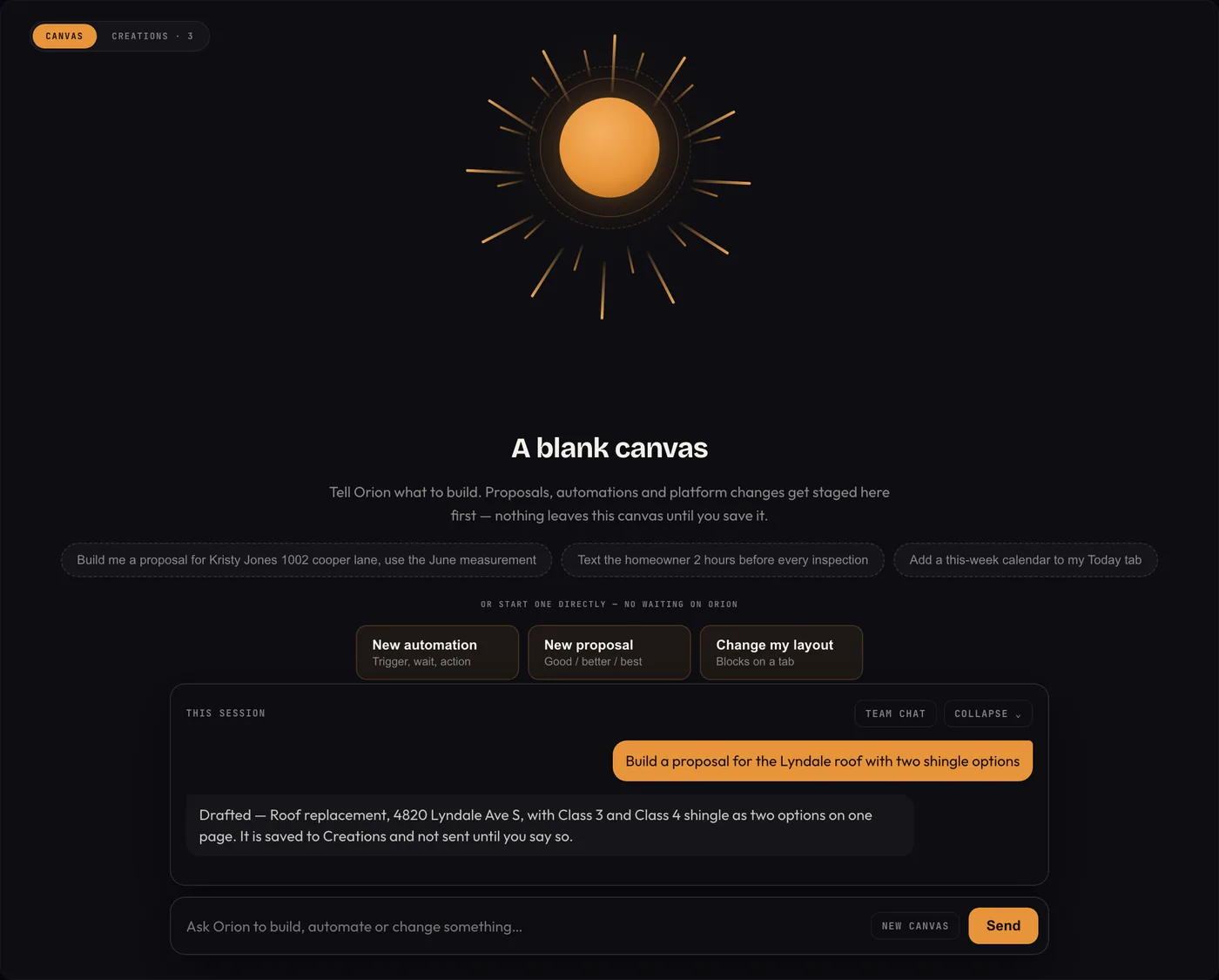 The Orion room: the sun, a request typed in plain words, and the draft it staged, saved to Creations and not sent