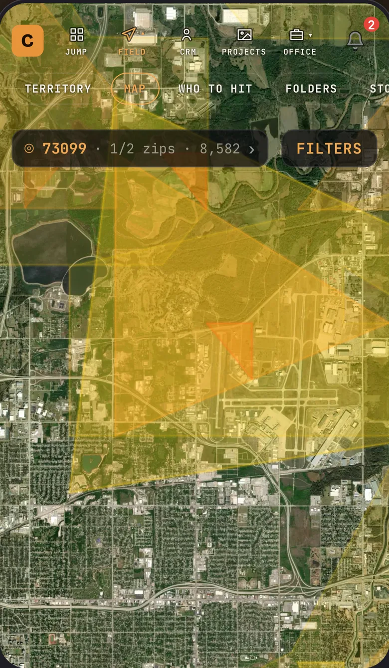 The storm map on a phone: hail swaths drawn over the territory's streets